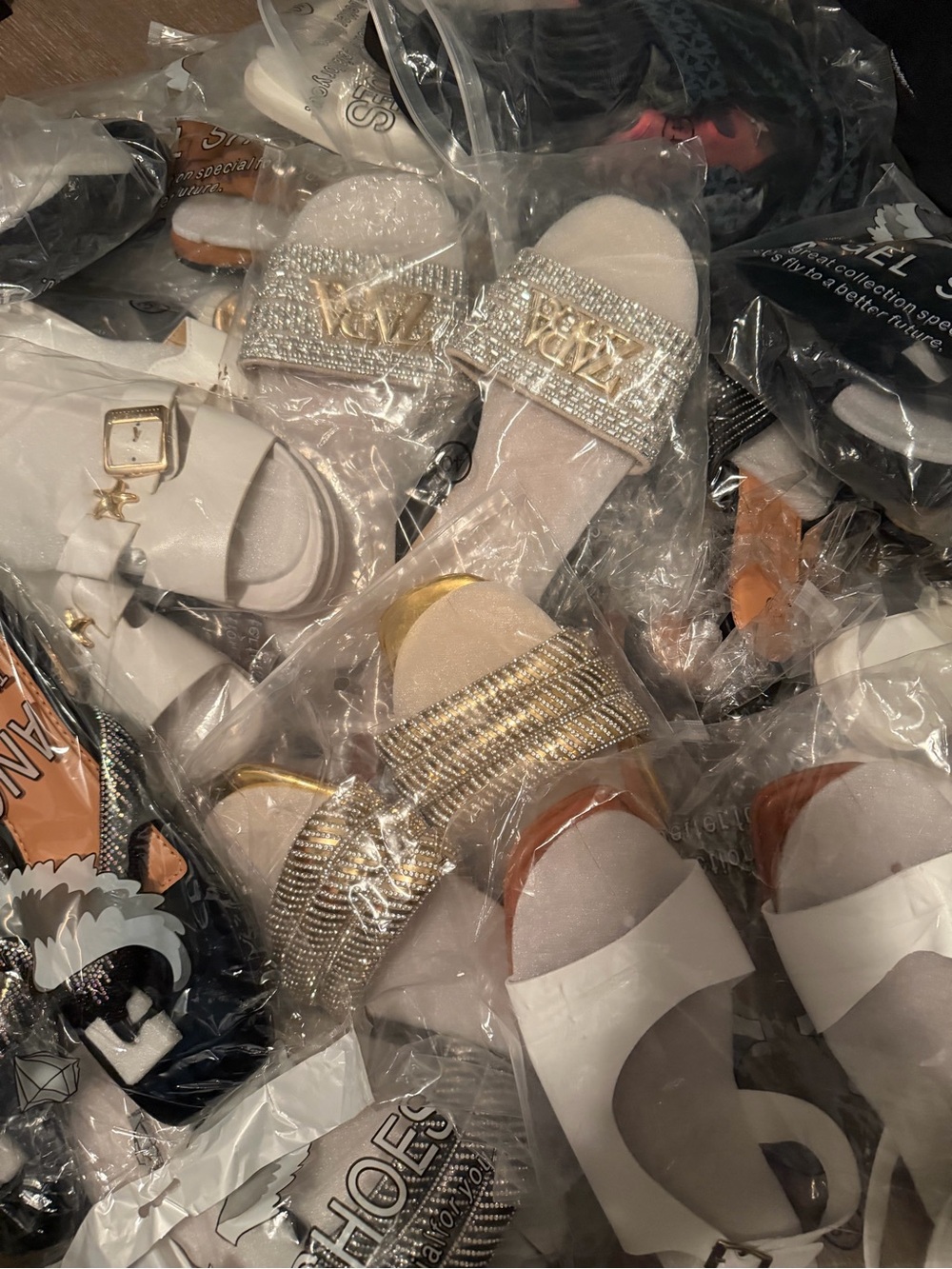 Gold Rhinestone Slide Sandals with Logo Accent - Women's